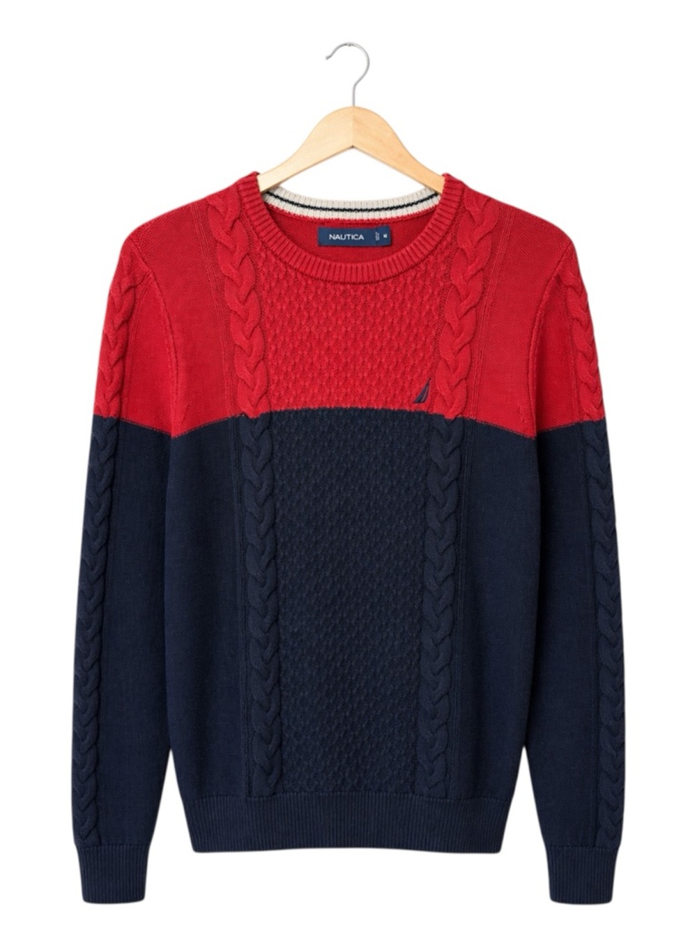 Nautica Mens Chunky Cable Knit Sweater Medium Fisherman Nautical Preppy Red Blue